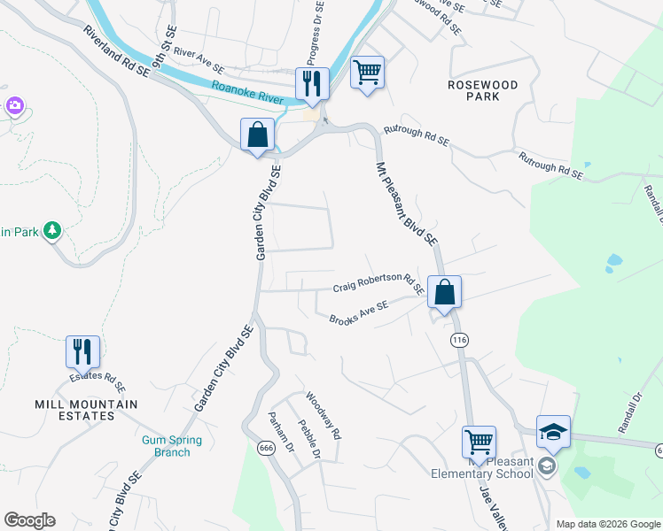 map of restaurants, bars, coffee shops, grocery stores, and more near 1384 Gillette Avenue Southeast in Roanoke