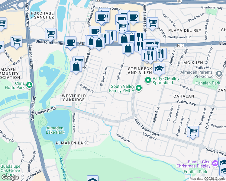 map of restaurants, bars, coffee shops, grocery stores, and more near 5905 Hillview Avenue in San Jose