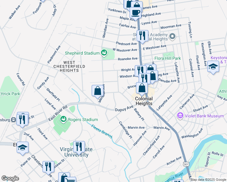 map of restaurants, bars, coffee shops, grocery stores, and more near 210 Maple Lane in Colonial Heights