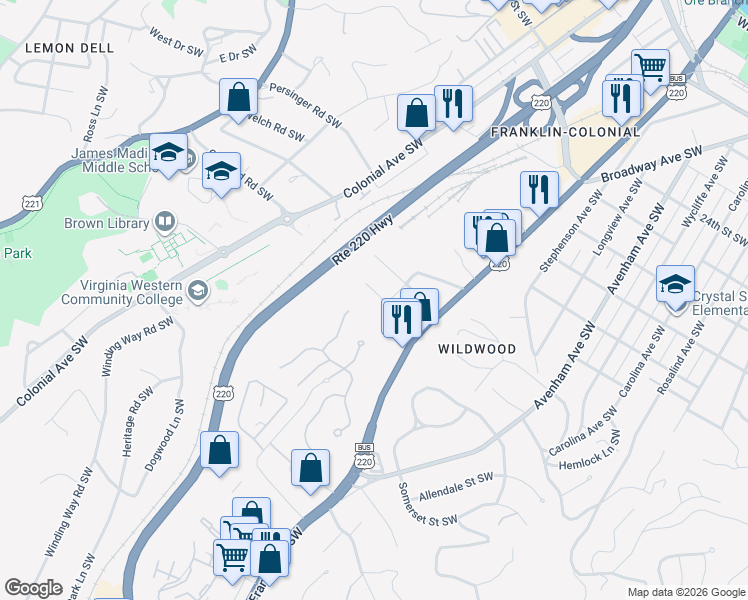 map of restaurants, bars, coffee shops, grocery stores, and more near 1002 Gardens Road Southwest in Roanoke