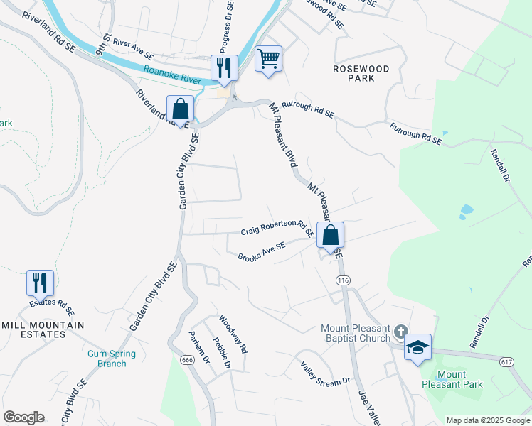 map of restaurants, bars, coffee shops, grocery stores, and more near 2411 Owen Drive Southeast in Roanoke