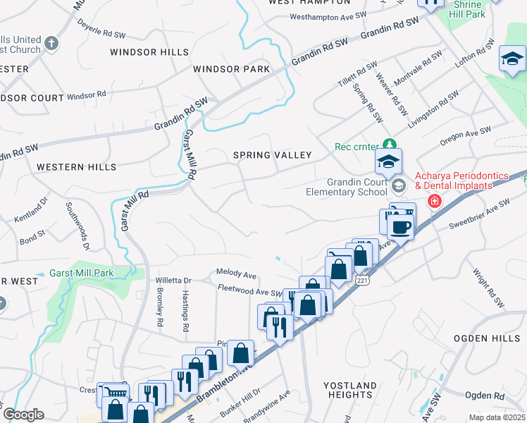 map of restaurants, bars, coffee shops, grocery stores, and more near 3130 Evergreen Lane Southwest in Roanoke