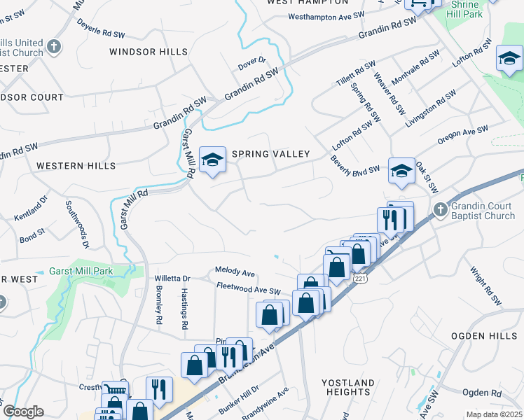 map of restaurants, bars, coffee shops, grocery stores, and more near 3130 Evergreen Lane Southwest in Roanoke