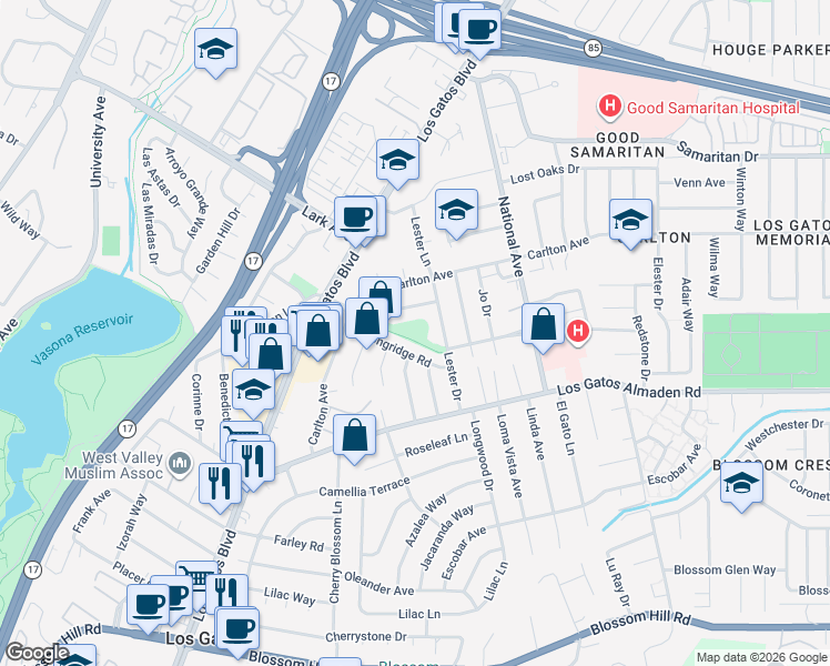 map of restaurants, bars, coffee shops, grocery stores, and more near 220 Carlton Avenue in Los Gatos