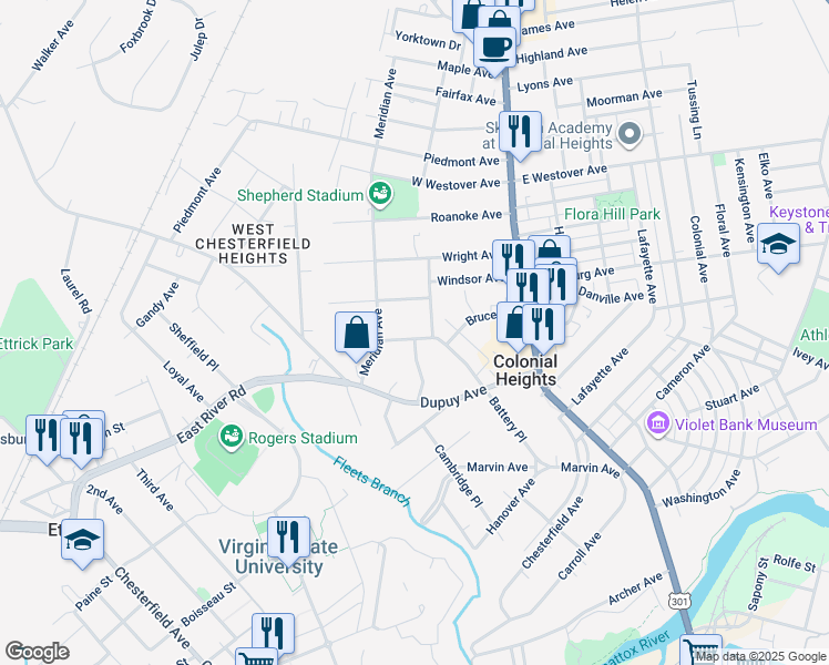 map of restaurants, bars, coffee shops, grocery stores, and more near 210 Maple Lane in Colonial Heights