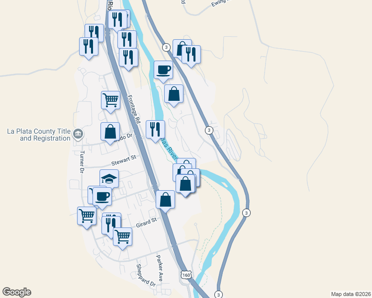 map of restaurants, bars, coffee shops, grocery stores, and more near 590 Sawmill Road in Durango