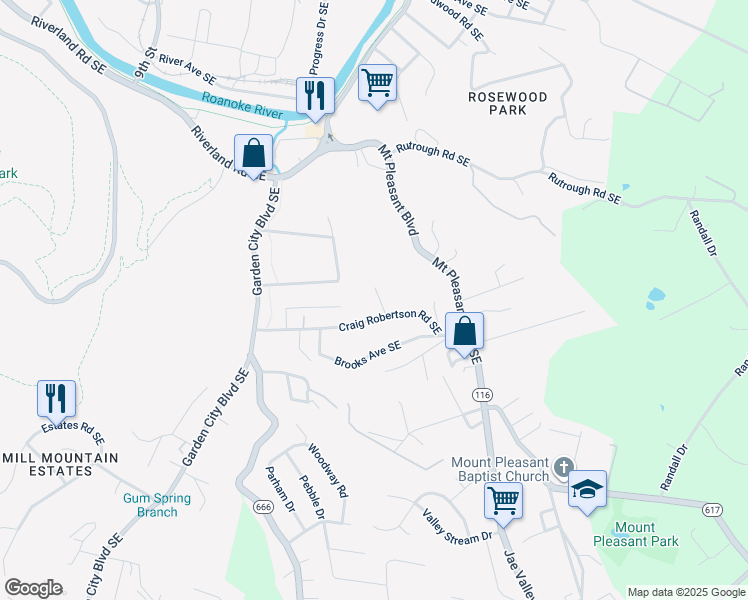 map of restaurants, bars, coffee shops, grocery stores, and more near 2411 Owen Drive Southeast in Roanoke