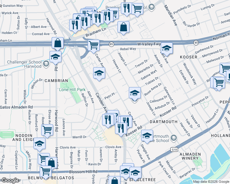 map of restaurants, bars, coffee shops, grocery stores, and more near 1614 Petri Place in San Jose