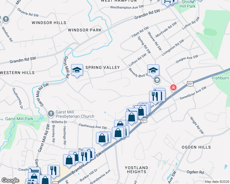 map of restaurants, bars, coffee shops, grocery stores, and more near 3102 Evergreen Lane Southwest in Roanoke