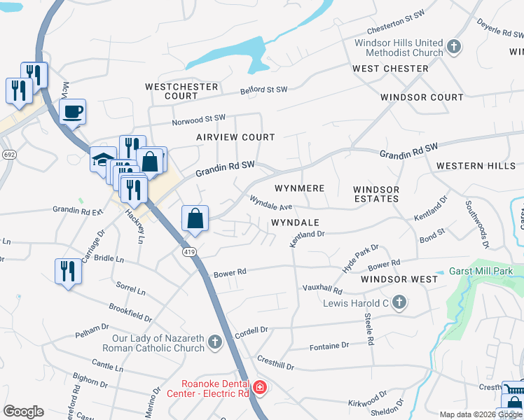map of restaurants, bars, coffee shops, grocery stores, and more near 4536 Wyndale Avenue in Cave Spring