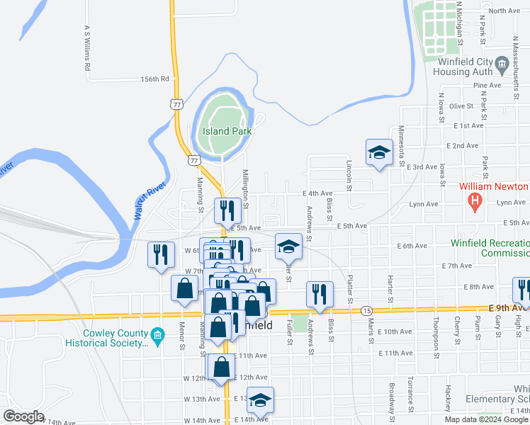 map of restaurants, bars, coffee shops, grocery stores, and more near 212 East 5th Avenue in Winfield