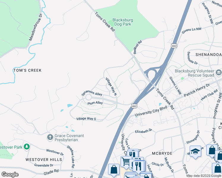 map of restaurants, bars, coffee shops, grocery stores, and more near 920 Village Way North in Blacksburg