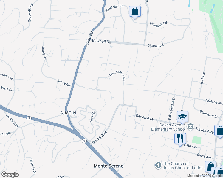 map of restaurants, bars, coffee shops, grocery stores, and more near 18333 Chadbourne Lane in Monte Sereno