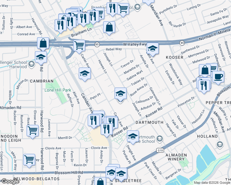 map of restaurants, bars, coffee shops, grocery stores, and more near 1598 Stapleton Court in San Jose