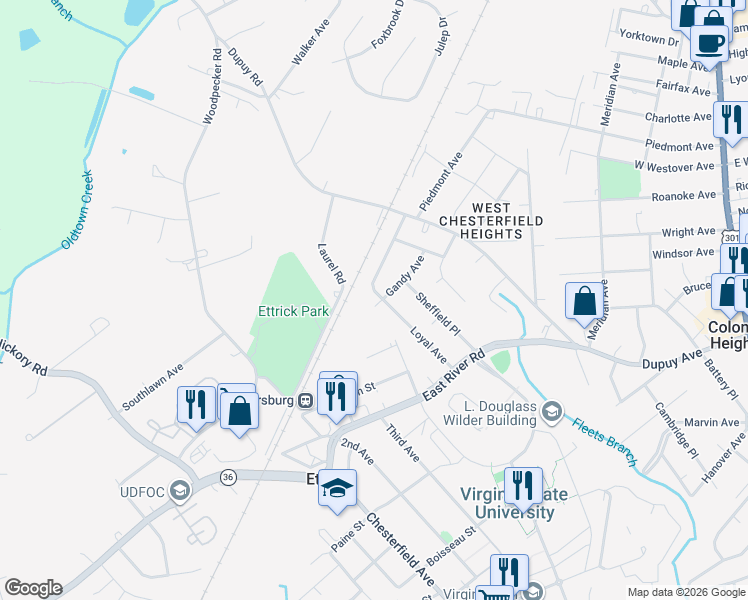 map of restaurants, bars, coffee shops, grocery stores, and more near 20302 Loyal Avenue in Petersburg