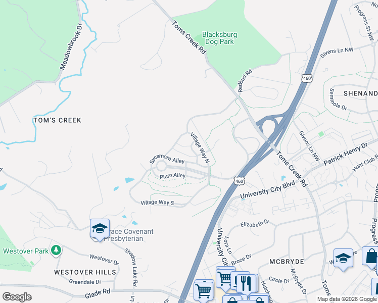 map of restaurants, bars, coffee shops, grocery stores, and more near 916 Village Way South in Blacksburg