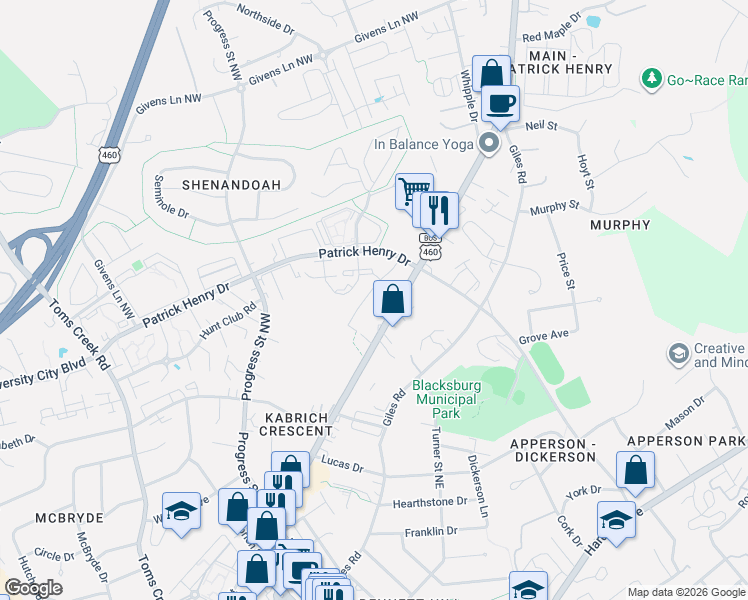 map of restaurants, bars, coffee shops, grocery stores, and more near 1310 Henry Lane in Blacksburg