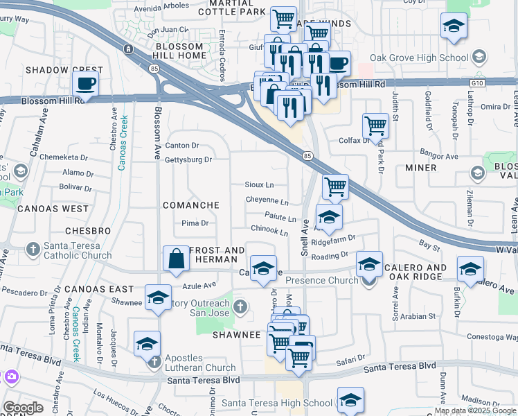 map of restaurants, bars, coffee shops, grocery stores, and more near 511 Paiute Lane in San Jose