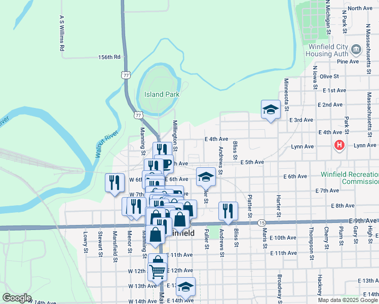 map of restaurants, bars, coffee shops, grocery stores, and more near 212 East 5th Avenue in Winfield