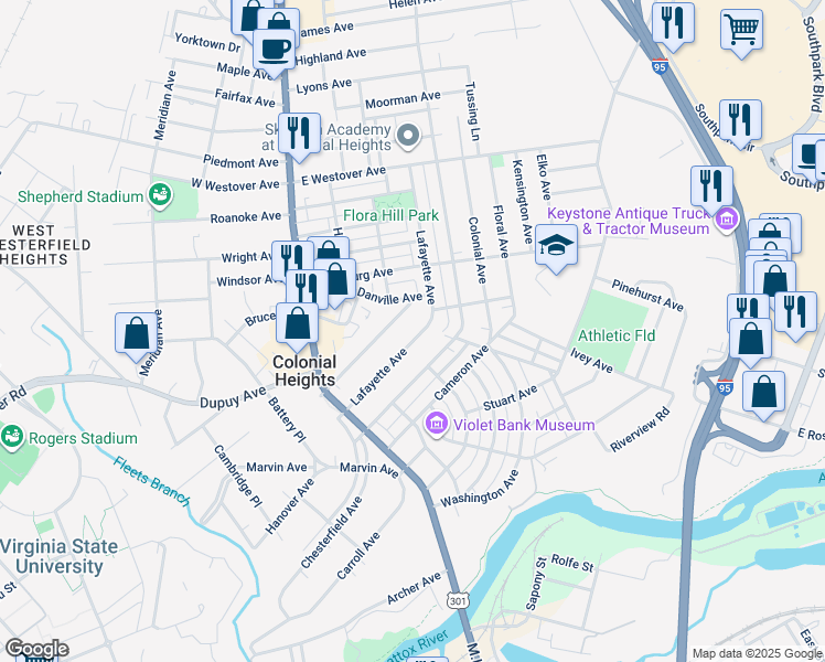 map of restaurants, bars, coffee shops, grocery stores, and more near 314 Lafayette Avenue in Colonial Heights