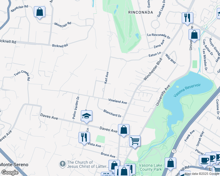 map of restaurants, bars, coffee shops, grocery stores, and more near 15360 Karl Avenue in Monte Sereno