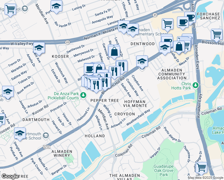 map of restaurants, bars, coffee shops, grocery stores, and more near 5613 Bluegrass Lane in San Jose