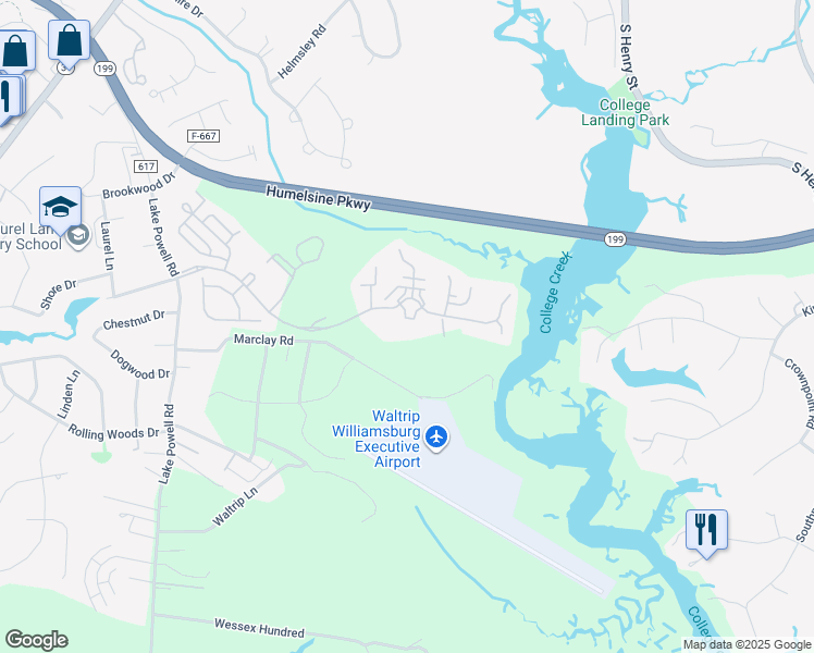 map of restaurants, bars, coffee shops, grocery stores, and more near 5700 Williamsburg Landing Drive in Williamsburg