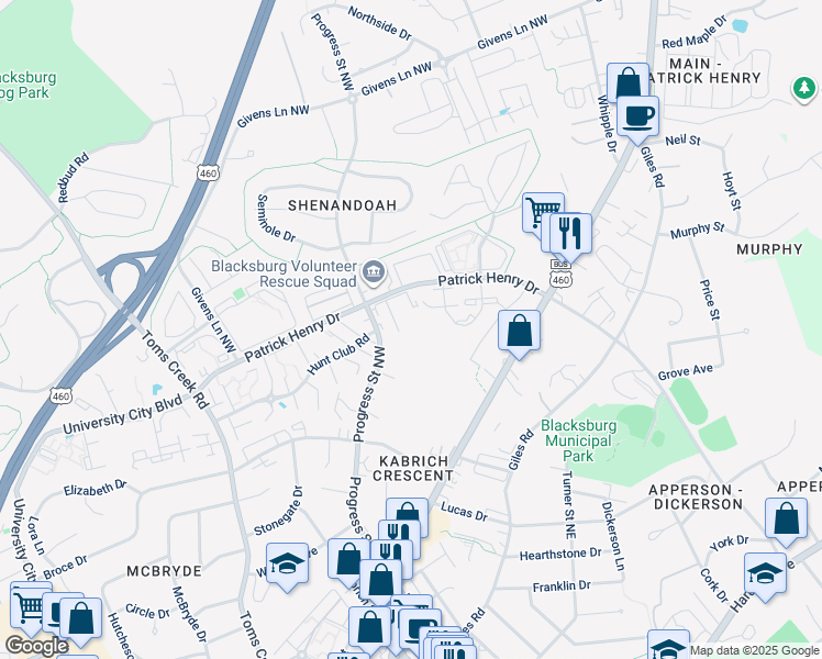 map of restaurants, bars, coffee shops, grocery stores, and more near 1211 University Terrace in Blacksburg