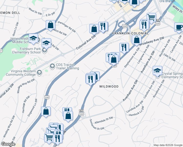 map of restaurants, bars, coffee shops, grocery stores, and more near 924 Beechwood Dr SW in Roanoke