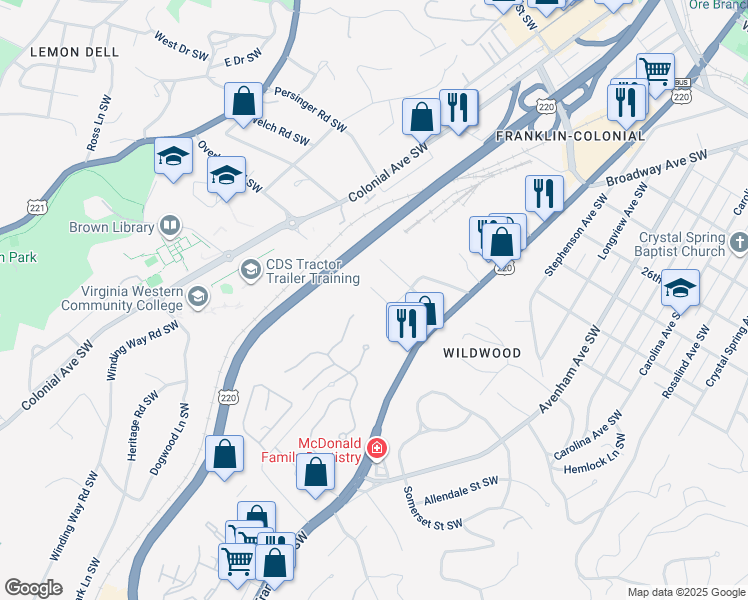 map of restaurants, bars, coffee shops, grocery stores, and more near 1002 Gardens Road Southwest in Roanoke