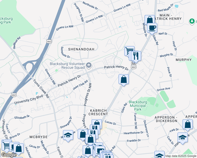 map of restaurants, bars, coffee shops, grocery stores, and more near 1210 University Terrace in Blacksburg