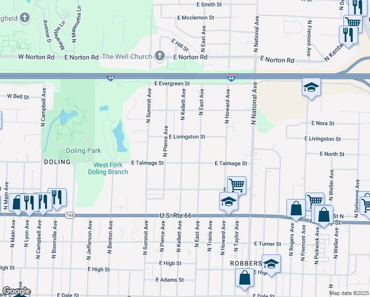 map of restaurants, bars, coffee shops, grocery stores, and more near 2632 North Kellett Avenue in Springfield