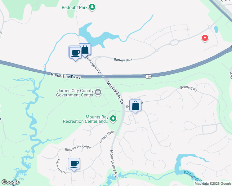 map of restaurants, bars, coffee shops, grocery stores, and more near 101 Mounts Bay Road in Williamsburg