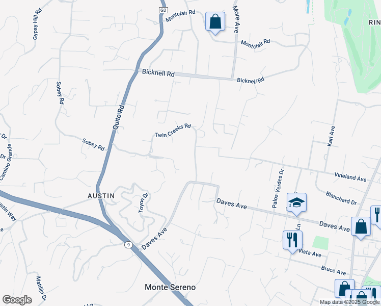 map of restaurants, bars, coffee shops, grocery stores, and more near 15401 Vía Caballero in Monte Sereno