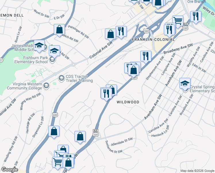 map of restaurants, bars, coffee shops, grocery stores, and more near 924 Beechwood Dr SW in Roanoke