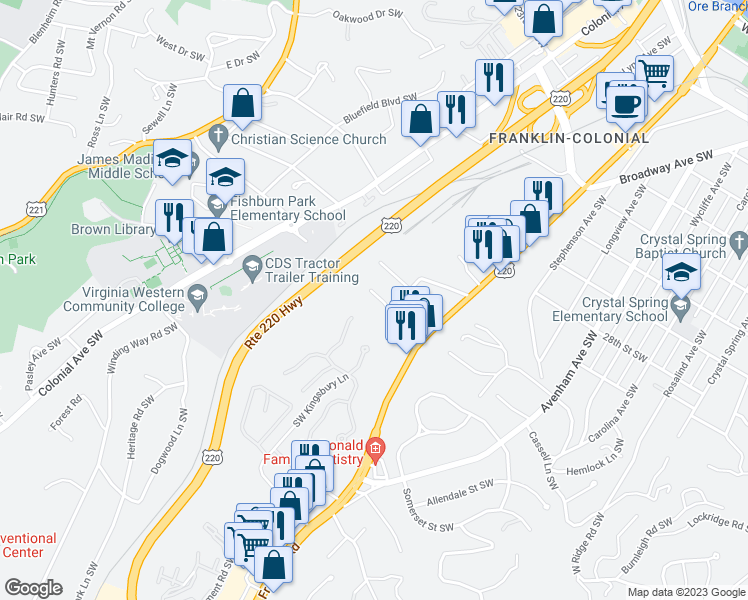 map of restaurants, bars, coffee shops, grocery stores, and more near 1014 Gardens Road Southwest in Roanoke