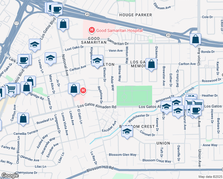 map of restaurants, bars, coffee shops, grocery stores, and more near 5097 Adair Way in San Jose