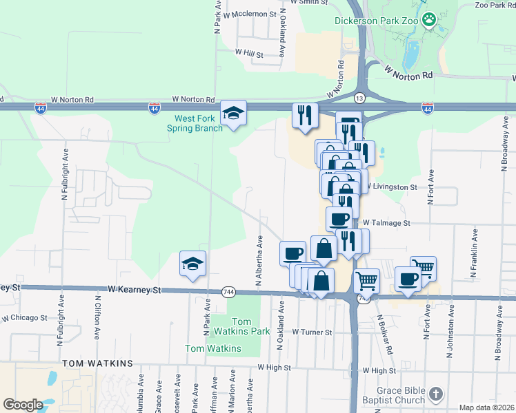 map of restaurants, bars, coffee shops, grocery stores, and more near 1943 West Melville Road in Springfield