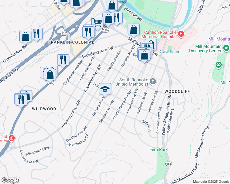 map of restaurants, bars, coffee shops, grocery stores, and more near 2523 Rosalind Avenue Southwest in Roanoke