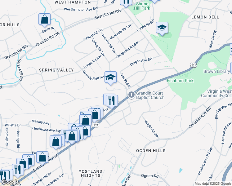 map of restaurants, bars, coffee shops, grocery stores, and more near 2830 Spessard Avenue Southwest in Roanoke