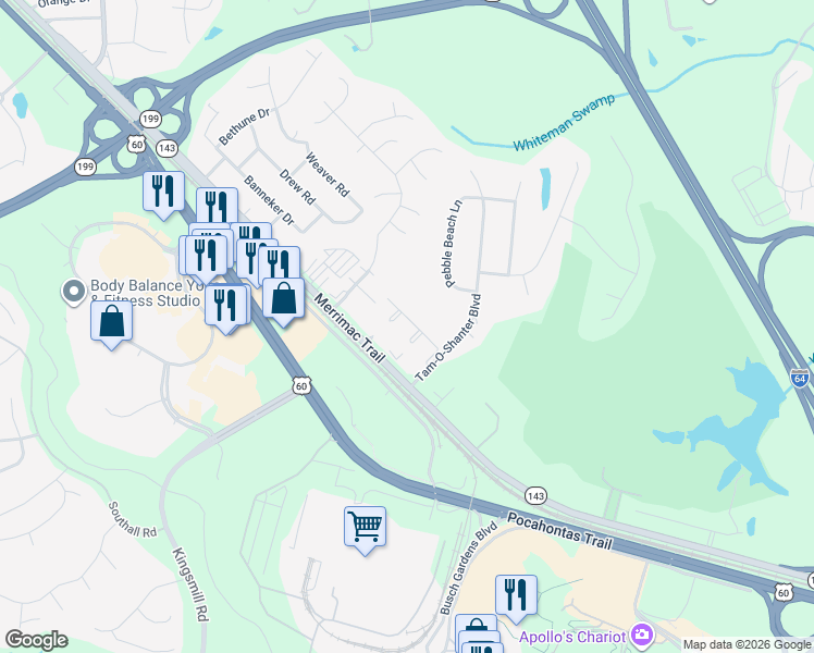 map of restaurants, bars, coffee shops, grocery stores, and more near 201 Tam-O-Shanter Boulevard in Williamsburg