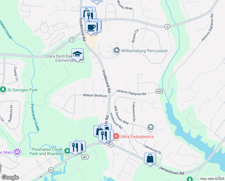 map of restaurants, bars, coffee shops, grocery stores, and more near 4614-4698 Hickory Signpost Rd in Williamsburg