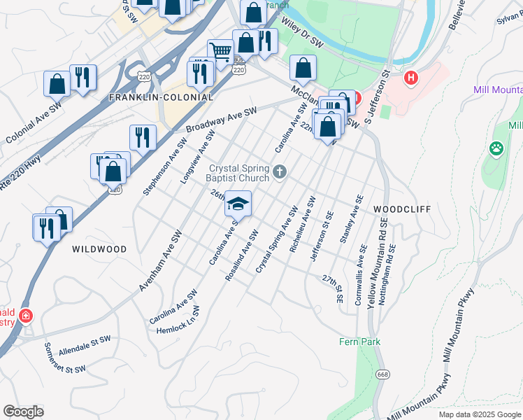 map of restaurants, bars, coffee shops, grocery stores, and more near 2607 Rosalind Avenue Southwest in Roanoke