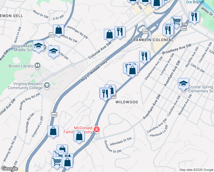 map of restaurants, bars, coffee shops, grocery stores, and more near 924 Beechwood Dr SW in Roanoke