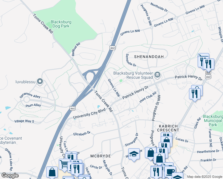 map of restaurants, bars, coffee shops, grocery stores, and more near 505 Sunridge Drive in Blacksburg