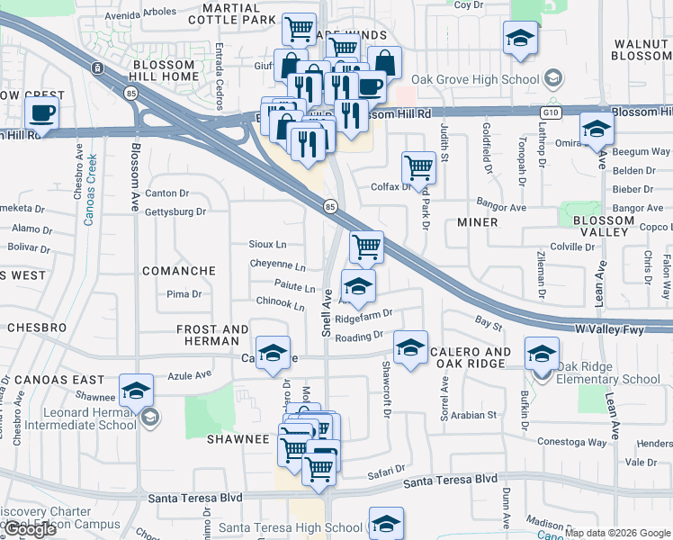 map of restaurants, bars, coffee shops, grocery stores, and more near 5786 Hillbright Circle in San Jose