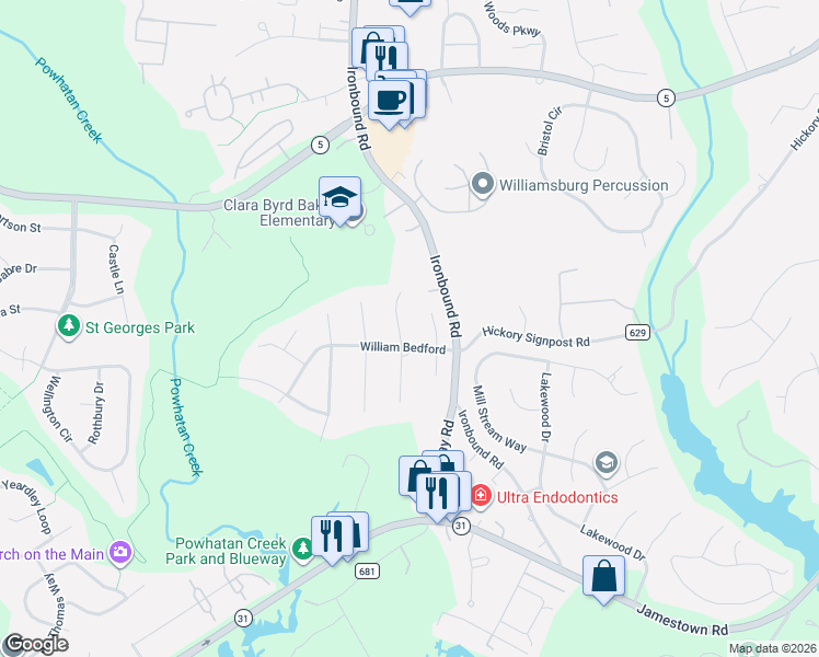 map of restaurants, bars, coffee shops, grocery stores, and more near 2902 Richard Pace North in Williamsburg