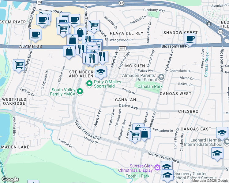 map of restaurants, bars, coffee shops, grocery stores, and more near 769 Terrazzo Drive in San Jose