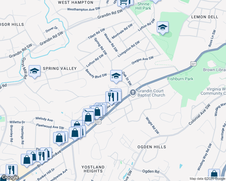 map of restaurants, bars, coffee shops, grocery stores, and more near 2844 Spessard Avenue Southwest in Roanoke