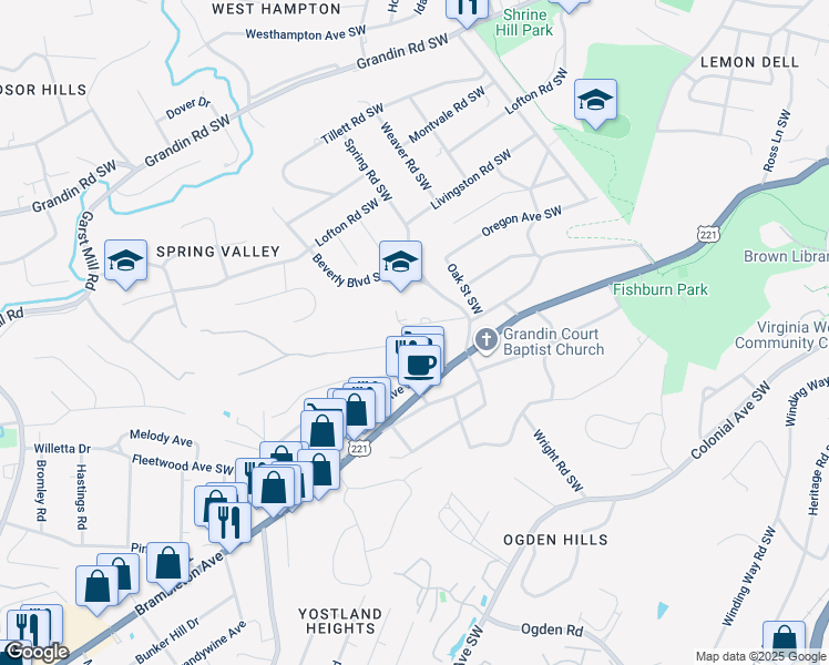 map of restaurants, bars, coffee shops, grocery stores, and more near 2844 Spessard Avenue Southwest in Roanoke